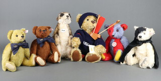 Six Steiff teddy bears - Phantom of The Opera 662164, Harlequin, two A Million Hugs bears, Mongo Meerkat and US Olympic Skier, all unboxed and without certificates 