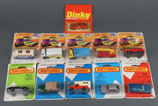 A Dinky Datsun 280Z no.106 model car together with 10 Match Box cars in plastic bubbles on card, to include Match Box 38 Camper, 74 Cougar Villager, 21 Renault "Le Car", Super Fast 63 Freeway Gas Tanker, Super Fast 50 Articulated Cameron Truck, 62 Chevrolet, 53 CJ6 Jeep, Super Fast 22 Blaze Buster, Super Fast 13 Snorkel Fire Engine and Super Fast 65 Airport Coach, 