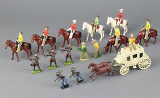 Britains, Johillco lead figures of cowboys, horses, Indians and a stage coach 