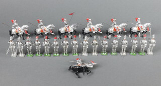 Seven lead figures of mounted knights in armour together with 16 dismounted knights with halberds
