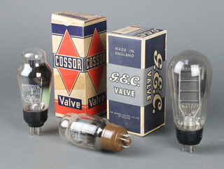 A balloon shaped Osram PX25 with continuity and filament springs that have not lifted, together with a GEC KT66 in original box and probably NOS and a Cossor 45-IU in original box and BBC test label