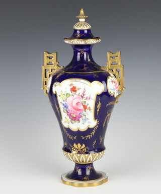 A Royal Crown Derby 2 handled oviform vase, the blue ground with panels of flowers having pierced Chinese style gilt handles with cover, 8189-1560, 33cm 