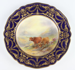 A Royal Worcester cabinet plate decorated with Highland cattle by J Stinton with gilt scrolling border, turquoise mark 22.5cm 