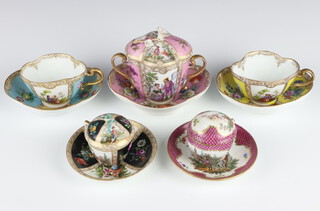 A Dresden cabinet cup, cover and saucer with puce ground, a black ditto (both lids a/f), 2 cabinet cups and saucers with yellow and turquoise ground and a large cabinet cup and lid (a/f) and saucer with pink ground 