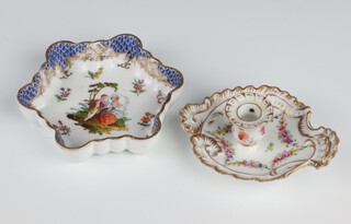 A Dresden dish decorated with fete gallant view 12cm together with a ditto chamber stick decorated with spring flowers 11cm 
