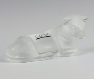 A Lalique frosted glass figure of a reclining ox from the Nativity set 12cm, etched lower case marks, boxed 