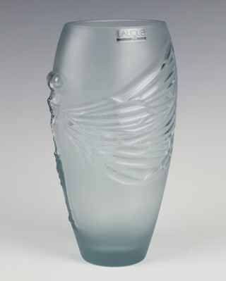 A Lalique frosted glass Libellule vase "Ocean Blue" etched lower case marks 19cm,  boxed 