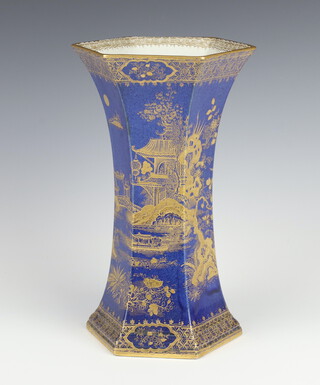 A Wilton Ware gilt decorated blue ground hexagonal vase with Chinese landscape 25cm 