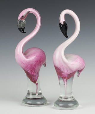 A near pair of Murano pink glass figures of Flamingo on clear stems 28cm 