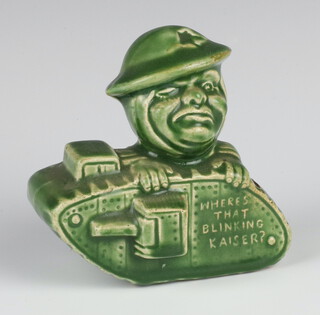 A First World War green glazed money bank in the form of a tank "Where's That Blinkin Kaiser" 9cm  