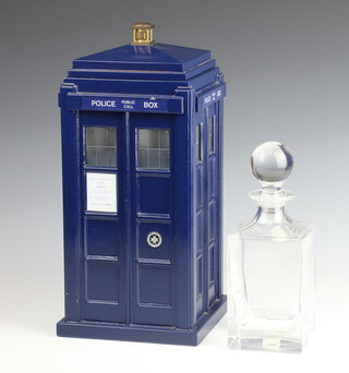 An Edinburgh Crystal square spirit decanter and stopper engraved Metropolitan Police contained in a wooden Police Public Call Box 40cm 