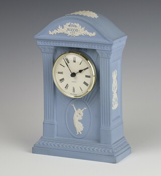 A Wedgwood jasperware blue timepiece dated 2000, decorated with classical dancer 21cm 