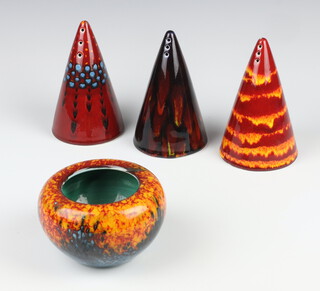 An Alan Clarke for Poole Pottery conical sugar shaker no.41/200, a ditto 20/200 and another 14/200, all 13cm together with a similar squat bowl 8cm 