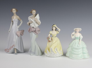 Two Coalport figures - Carla 12cm and Claire 12cm together with 2 Lladro figures of a lady in a fur wrap 6594 18cm and a lady with a large bow on her dress 6595 17cm 