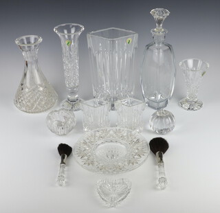 A Waterford Crystal vase of diamond form 25cm, a ditto flared neck vase 28cm, a balloon shaped ditto 23cm, 3 small vases, a bowl, pair of brushes, paperweight, 2 dishes and a Tipperary Crystal decanter and stopper 30cm 