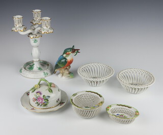 A Herend circular dish and cover lid a/f, 2 circular basket work dishes, 2 others and a 3 light candelabrum, together with a figure of a kingfisher 