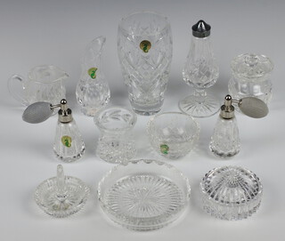 A Waterford Crystal oviform vase 17cm, 2 others, a pepperette, jug, jar and cover, 2 scents, box, bowl, ring stand and dish 