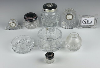 A Waterford Crystal glass bowl 8cm, 1 other, a vase, photograph frame, 2 lidded jars, 2 time pieces and a biscuit barrel