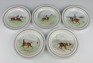 Five Mintons plates with pierced borders and amusing hunting scenes 23cm 