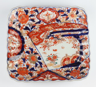 A 19th Century Chinese Imari square dish decorated with panels of flowers and insects (cracked) 26.5cm 
