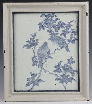 An 18th/19th Century Chinese blue and white tile decorated with birds amongst branches 25cm x 21cm 