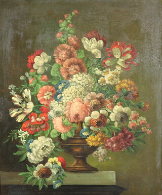 19th Century Dutch school oil on canvas unsigned, still life vase of flowers on a marble shelf, relined 60cm x 50cm, ex Christies stock code on reverse 