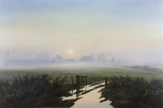 Michael Morris born 1938, oil on canvas sunset rural landscape 59cm x 90cm 