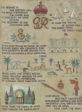 A 1930's stitch work sampler commemorating the Coronation of George VI with verse, animals, figures, Buckingham Palace etc 42cm x 31cm 