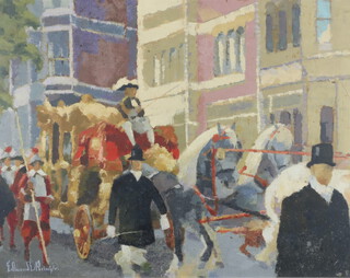 Edmund Perini 1922-1991, oil on board signed, labels on verso "The Lord Mayor's Show" 49cm x 62cm 