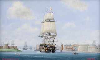 Geoffrey William Hunt R.M.S, (b1948), oil on board, miniature maritime study, "Victory Leaving Portsmouth" 8cm x 13.5cm 
