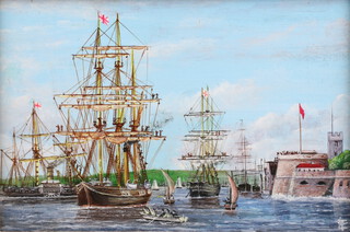 Trevor L Young, oil  on board monogrammed, miniature maritime study, HMS Discovery, Alert and Valorous at Portsmouth, preparing to leave for the Arctic 1875, 8cm x 12cm, 