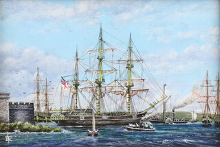 Trevor L Young, oil on board monogrammed, miniature maritime study "HMS Resolute Returns to Portsmouth 1856 gift to Queen Victoria from the US Government", label en verso 8cm x 11.5cm  