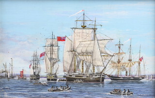 Trevor L Young, oil on board monogrammed, maritime miniature study "HMS Resolute and Squadron Prepare to Leave London April 1852" 7.5cm x 11.5cm  