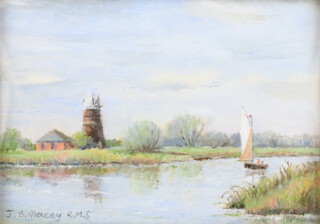 J B Macey R.M.S, miniature watercolour signed, Norfolk river scene with windmill and boat 5cm x 6.5cm 