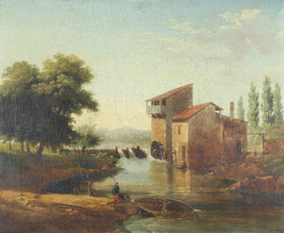 Clarke, oil on canvas, Continental riverscape with watermill and figures 36.5cm x 45cm 