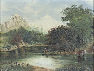 19th Century Continental oil on canvas unsigned, lake scene with figures and distant hills, contained in a fancy Art Nouveau style frame 20cm x 27cm 