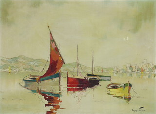 ** Doyly John ( Cecil Rochfort D'oyly John ) 1906-1993, oil on canvas signed, Continental harbour scene with moored fishing boats and distant buildings 42cm x 58cm ** PLEASE NOTE: Artist's Re-sale Rights may be payable on this lot.