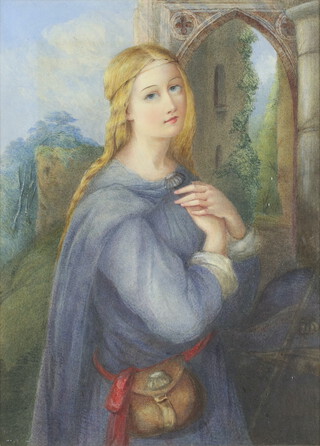 Pre-Raphaelite, watercolour unsigned, study of a lady in church ruins 37cm x 27cm 