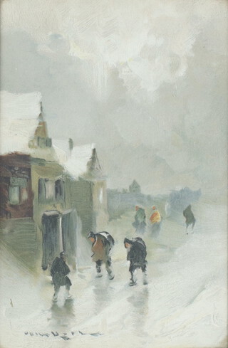 An Edwardian watercolour indistinctly signed, snowy street scene with figures 22cm x 15cm 