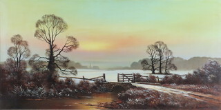 Wendy Reeves, oil on canvas, rural sunset scene 50cm x 100cm 