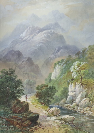 W A Beech 1891, watercolour, a mountainous landscape with figure on a path 37cm x 26cm 