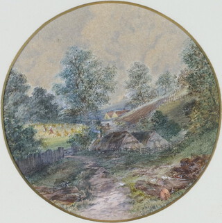 J C, Edwardian watercolour monogrammed, circular rural scene with buildings and fancy floral frame 13cm 