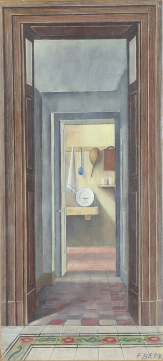 F Beer, watercolour signed, trompe l'oeil interior scene 30cm x 13.5cm 