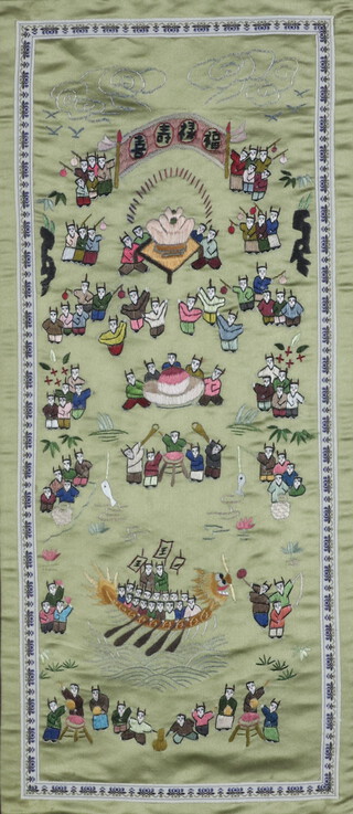 Chinese silk embroidery of figures at pursuits 62cm x 31cm 