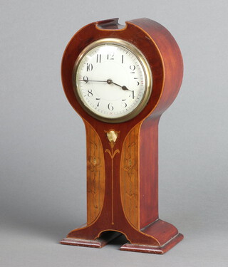 Albert Villon, an Art Nouveau timepiece with enamelled dial, Arabic numerals, contained in an inlaid mahogany balloon style case 26cm h x 13cm w x 7cm d, complete with key 