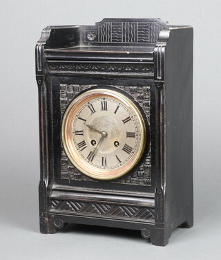 Japy Freres, a French 19th Century 8 day striking mantel clock with 11cm silvered dial, Roman numerals, contained in an ebonised case, the back plate marked 4277, complete with pendulum but no key,  32cm h x 20cm w x 13cm d 