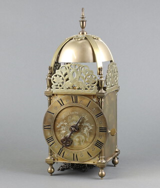 A 20th Century reproduction 17th Century lantern clock, the 15cm gilt metal dial marked William Grey London with Roman numerals, striking on bell, complete with bracket and weight 