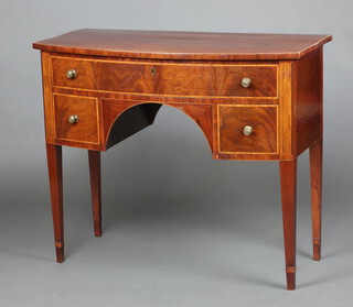 A Georgian inlaid mahogany bow front sideboard fitted 1 long and 2 short drawers, raised on square tapered supports, spade feet 92cm h x 109cm w x 54cm d 