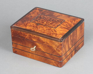 A figured walnut crossbanded trinket box with hinged lid, the interior fitted a tray, 9cm h x 16cm w x 14cm d 