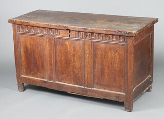 An 18th Century oak coffer with hinged lid, arcaded and panel decoration to the front 78cm h x 139cm w x 56cm d 